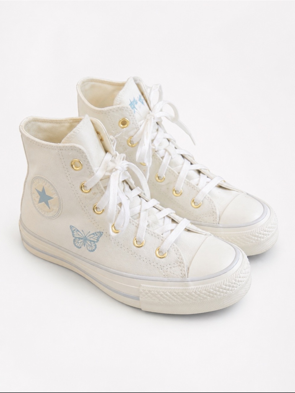 Converse Chuck Taylor High Top Sneakers White Blue Star Butterfly Gold Eyelets
